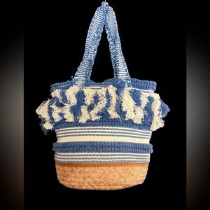 Roller Rabbit Blue and Cream Textured Tote